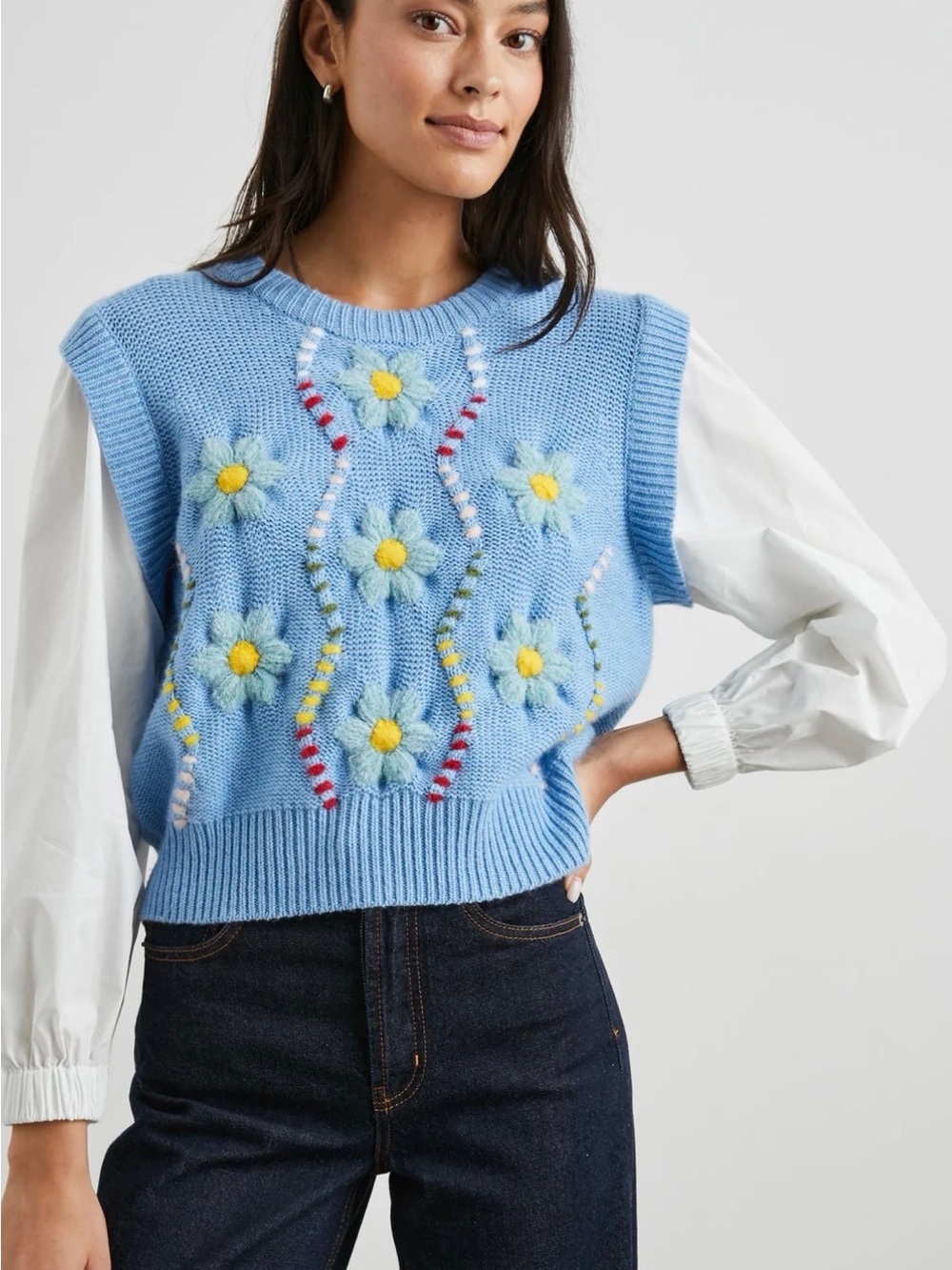 Rails Tess Blue Daisies Knit Sweater Vest Cottagecore Wool Molly Yeh see descrip
